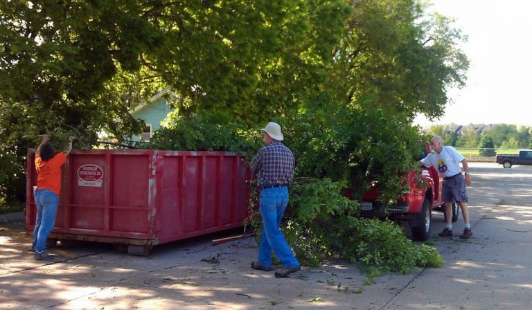 Dumpster filled with brush next to a pickup truck filled with brush