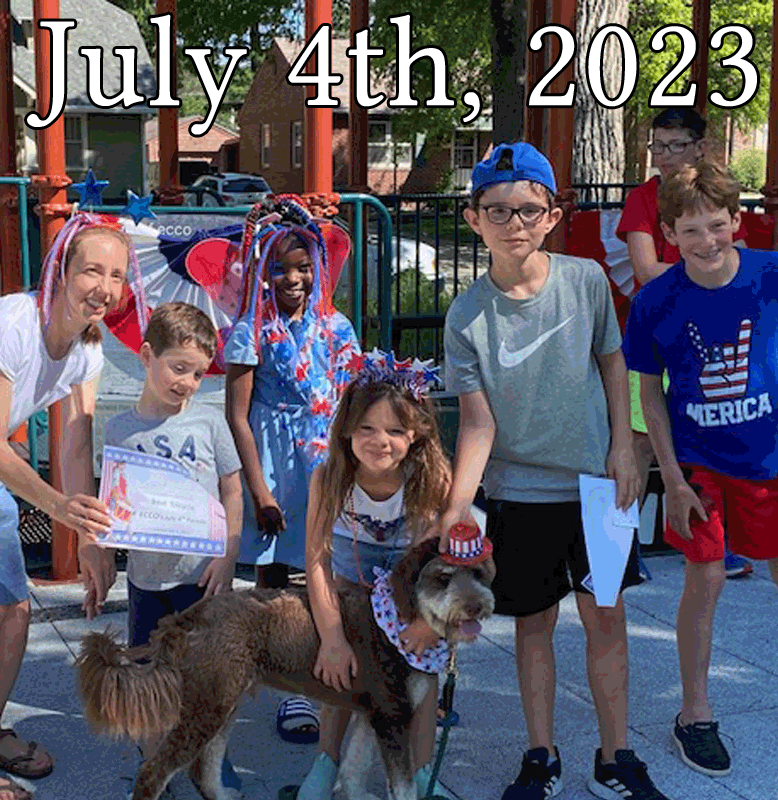 July 4th, 2023 gallery heading with people smiling in front of the Idylwild trolley play structure and displaying a certificate