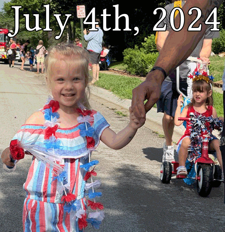 July 4th, 2024 gallery heading with blonde young girl holding hands with her dad. She's wearing a red, white, and blue dress.