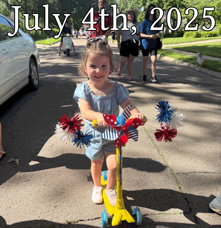July 4 2022 gallery heading with girl smiling while riding a scooter decorated in red, white, and blue